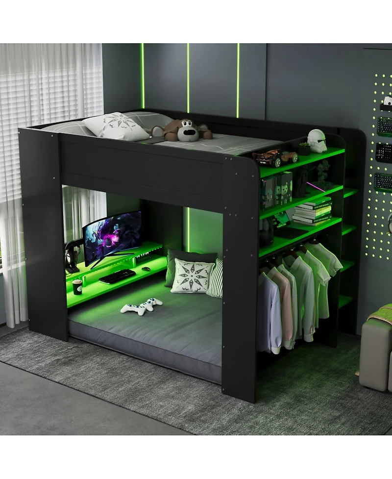 Streamdale Furniture Wood Bunk Bed w/Desk, Wardrobe, Storage, Rgb Light
