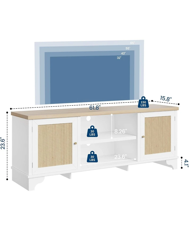 gaomon Rattan Tv Stand for TVs Up to 65 Inches, Boho Entertainment Center Cabinet with Open Shelf, Media Console Table Living Room, Bedroom