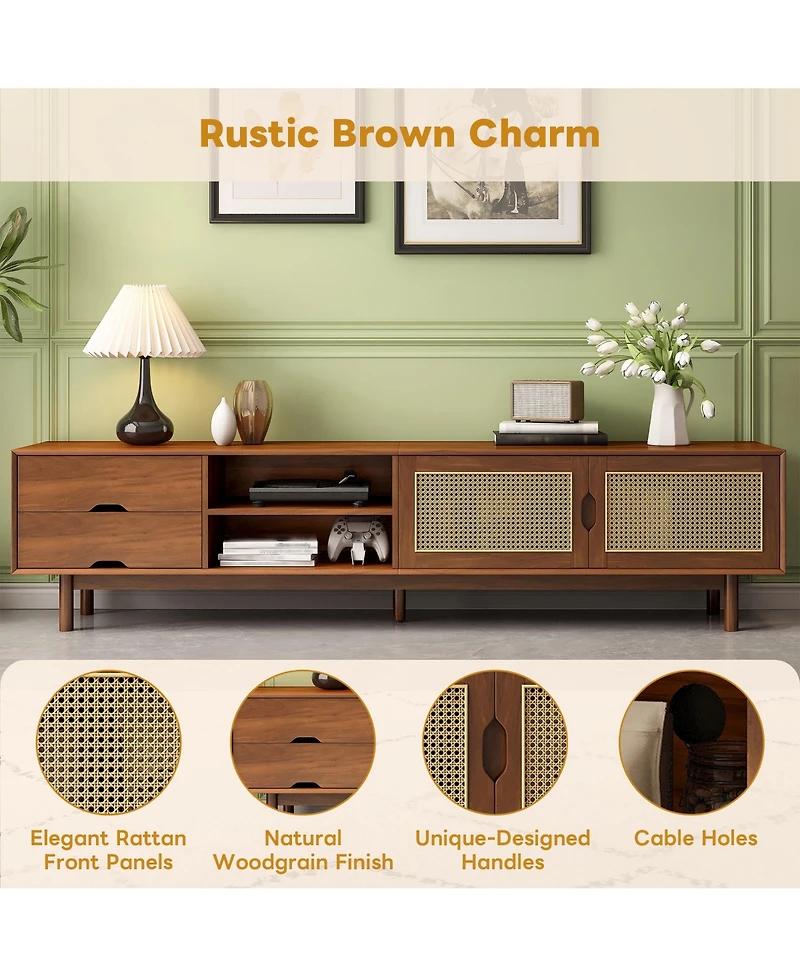 Rainsken Tv Stand for TVs up to 85 Inch, Media Console Table with 2 Drawers and Rattan Front Panels, Entertainment Center for Living Room