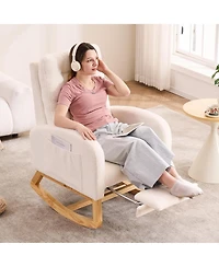 Rainsken Plush Accent Rocking Chair, Teddy Upholstered Recliner Chair with Side Pocket and Retractable Footstool for Living Room, Balcony