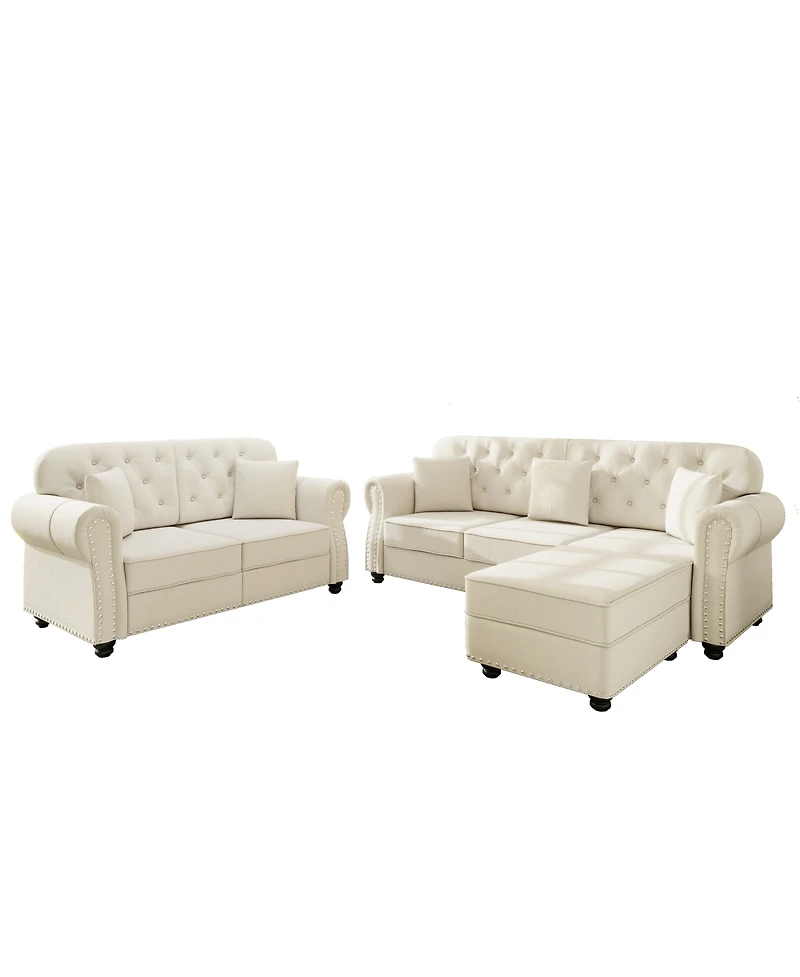 Streamdale Furniture Velvet Nailhead Rolled Arm Sofa with Ottoman