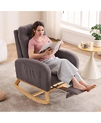 Rainsken Teddy Fleece Plush Rocking Accent Chair, Ergonomic Recliner with Side Storage Pocket and Retractable Footrest for Living Room, Balcony