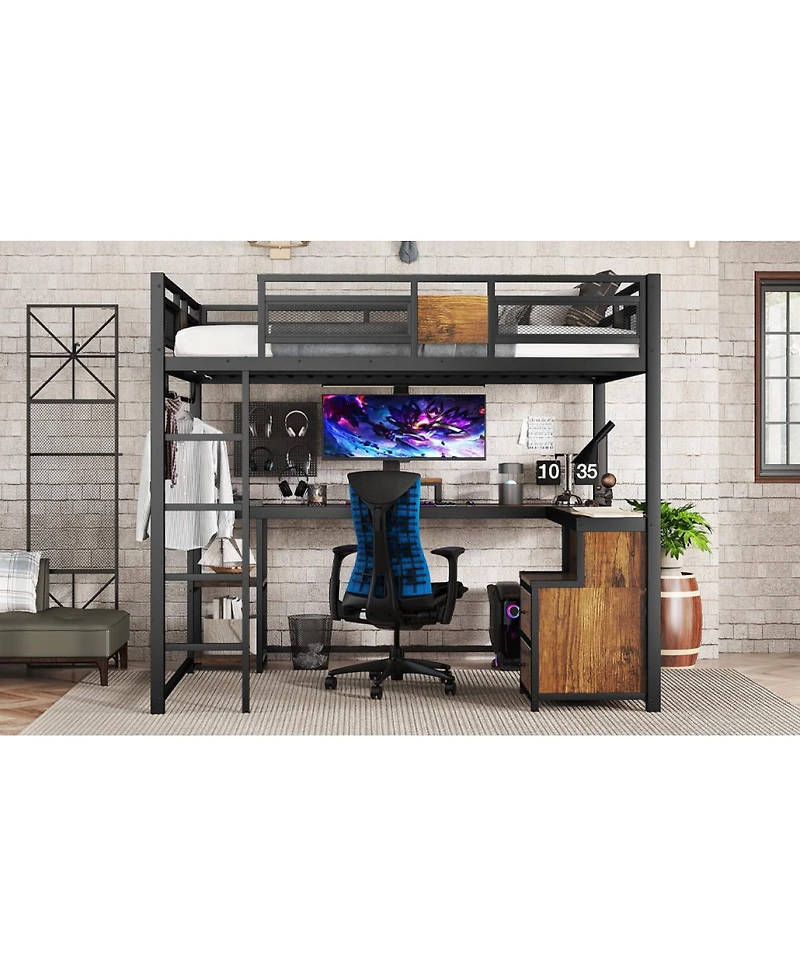 Streamdale Furniture Metal Queen Loft Bed with Desk and Storage Drawers
