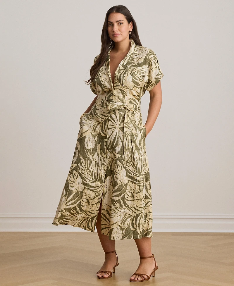 Lauren Ralph Women's Palm-Frond-Print Camp Collar Shirt Dress