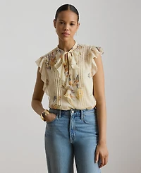 Lauren Ralph Women's Floral Pintucked Band Collar Tie-Neck Blouse