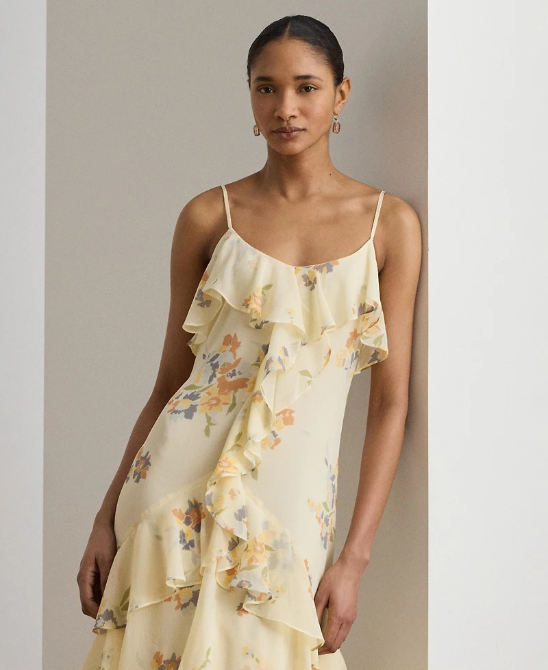 Lauren Ralph Floral Ruffle-Trim Georgette Gown