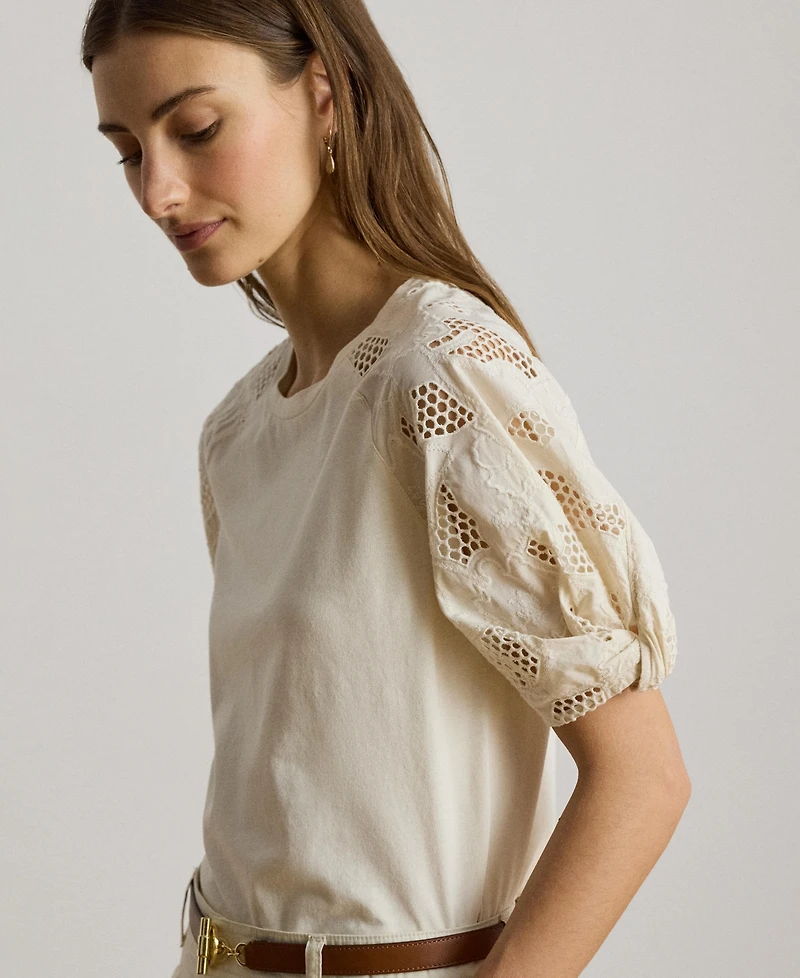 Lauren Ralph Women's Crewneck Eyelet-Bubble-Sleeve Top