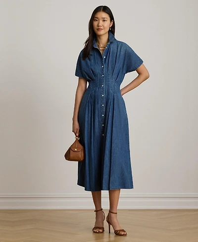 Lauren Ralph Women's Point Collar Pleated Denim Shirt Dress