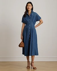 Lauren Ralph Women's Point Collar Pleated Denim Shirt Dress