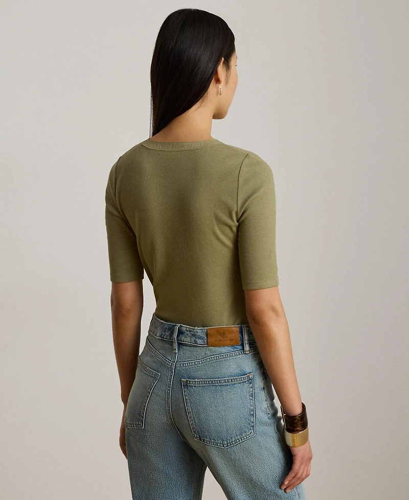 Lauren Ralph Women's Crewneck Lace-Up Ribbed Elbow-Sleeve T-Shirt