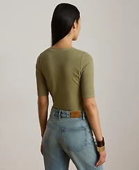 Lauren Ralph Women's Crewneck Lace-Up Ribbed Elbow-Sleeve T-Shirt