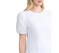 Jones New York Women's Eyelet Puff-Sleeve Crew Neck Top