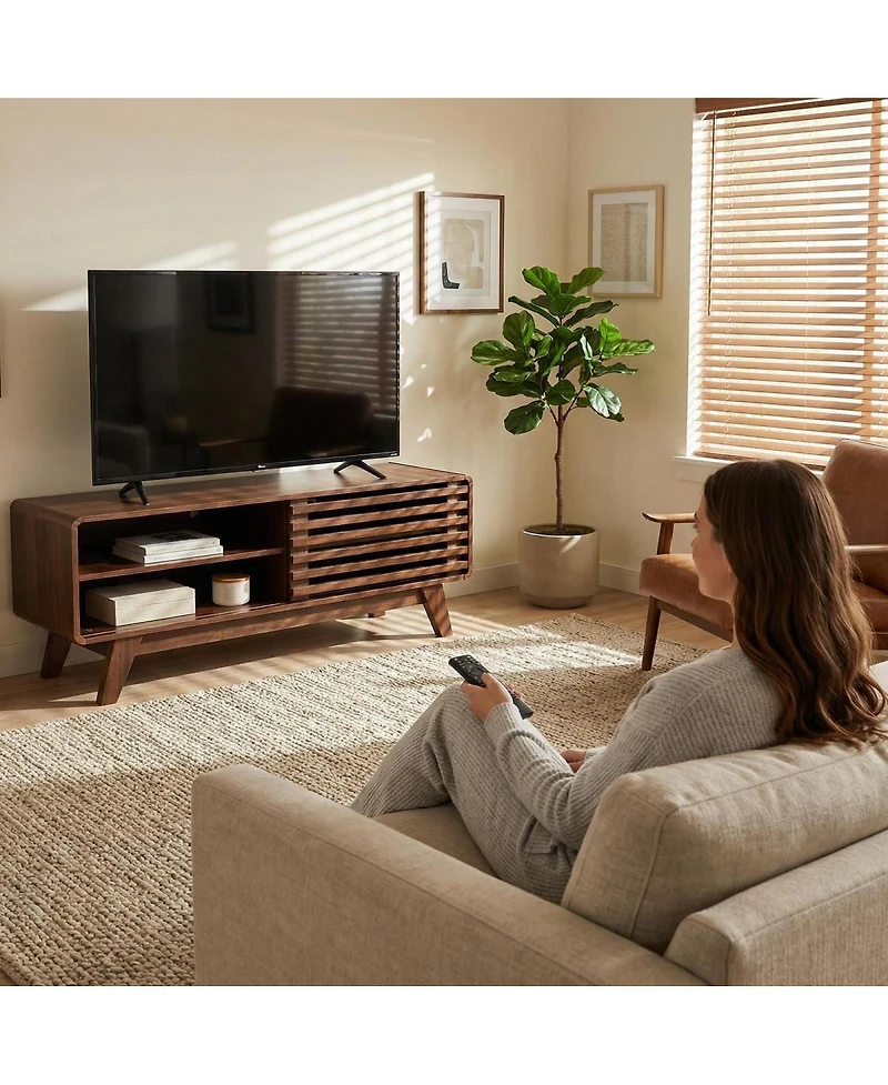 Streamdale Furniture Mid-Century Modern Tv Stand with Slatted Sliding Door