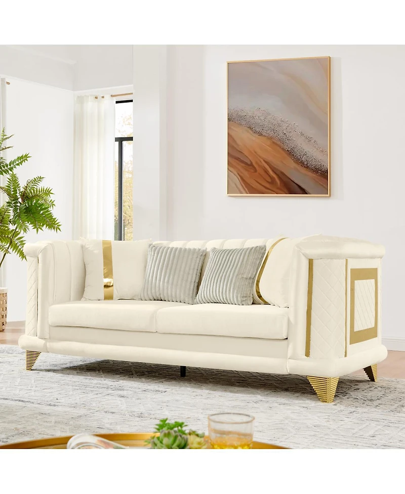 Streamdale Furniture Velvet 3-Seater Sofa with Gold Trim and Pillows