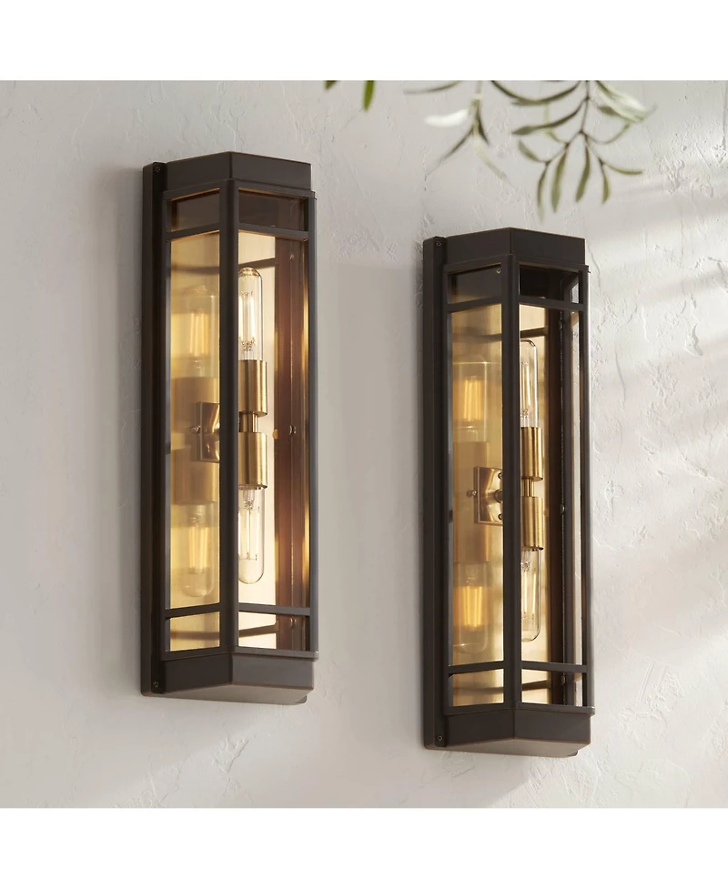 John Timberland Catie High Modern 2-Light Outdoor Wall Light Fixture Mount Porch House Set of 2 Sand Bronze and Brass Finish