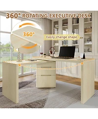 Streamdale Furniture 90" Modern L-Shape Wood Desk with 3 Drawers and Rotating Top