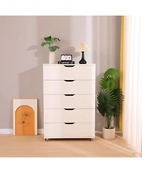 Flynama Modern 5 Drawer Dresser Wood Fabric Drawers Cabinet with Rattan Details
