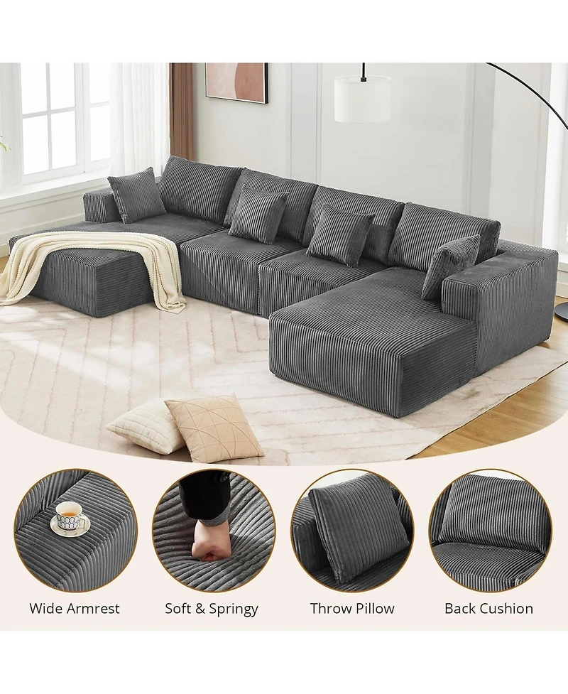 gaomon 137" Modular Sectional Sofa, Cloud Foam Sectional Couch with U-Shape Chaise/Throw Pillows/Plush Corduroy Fabric, No Assembly Required