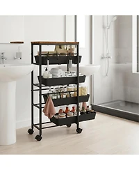 Yigii 5-Tier Slim Rolling Storage Cart Wooden Top Pull-Out Baskets Narrow Space Organizer for Kitchen Bathroom Laundry