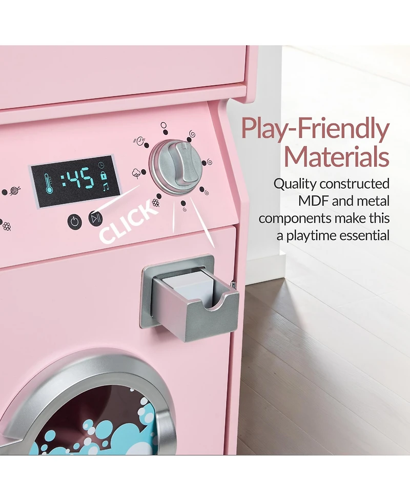 Best Choice Products Pretend Play Kids Wooden Stacked Washer and Dryer Set w/ Toy Laundry Storage Accessories