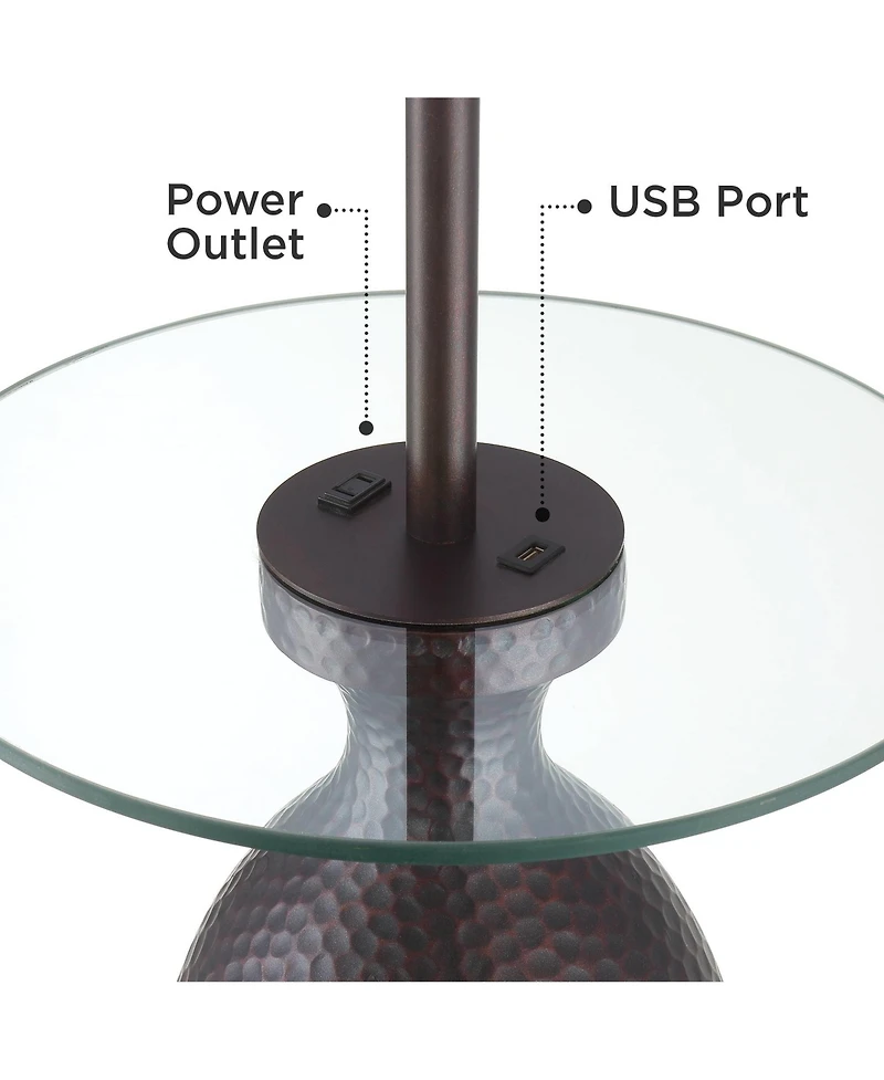 Regency Hill Fallon Rustic Industrial Floor Lamps with Tray Table 66" Tall Set of 2 Bronze Hammered Usb and Outlet Oatmeal Shade