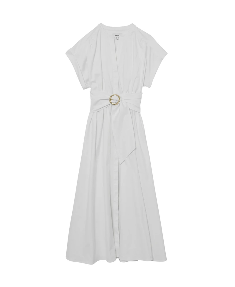 Reiss Women's Sally Cotton Short-Sleeve Belted Midi Dress with Stretch