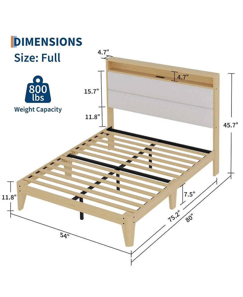 homfan Bed Frame with Led Headboard Shelf, Linen Upholstered Platform Full Strong Wood Slats Support, Easy Assembly
