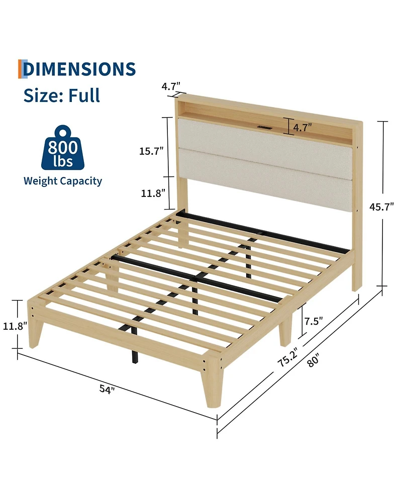 homfan Bed Frame with Led Headboard Shelf, Linen Upholstered Platform Full Strong Wood Slats Support, Easy Assembly