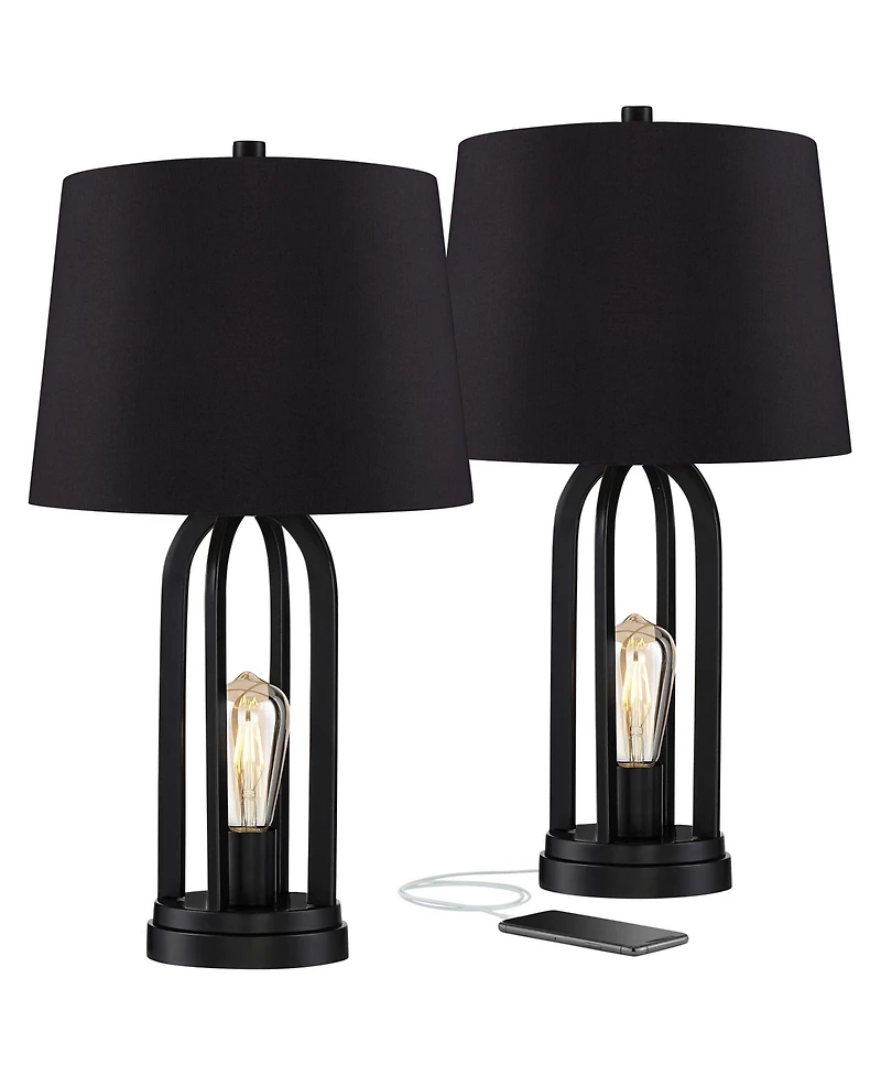 360 Lighting Marcel Industrial Table Lamps High Set of 2 with Usb Charging Port and Nightlight Led Drum Shade for Bedroom Bedside Desk