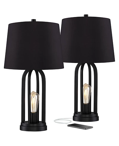 360 Lighting Marcel Industrial Table Lamps High Set of 2 with Usb Charging Port and Nightlight Led Drum Shade for Bedroom Bedside Desk