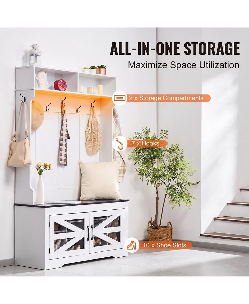 Gouun 42 Inch Hall Tree with Bench Shoe Storage Hooks and Led Light