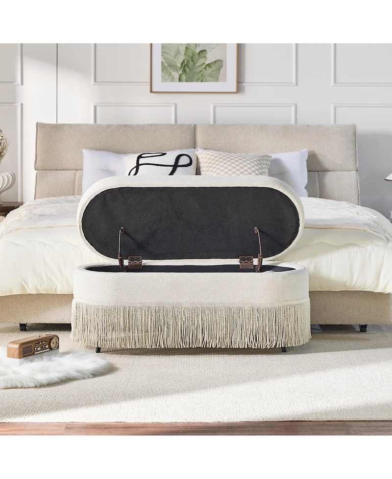 Rainsken Oval Storage Ottoman, Upholstered Footrest with Fringe Trim, Hidden Storage and Metal Frame for Living Room