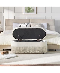 Rainsken Oval Storage Ottoman, Upholstered Footrest with Fringe Trim, Hidden Storage and Metal Frame for Living Room