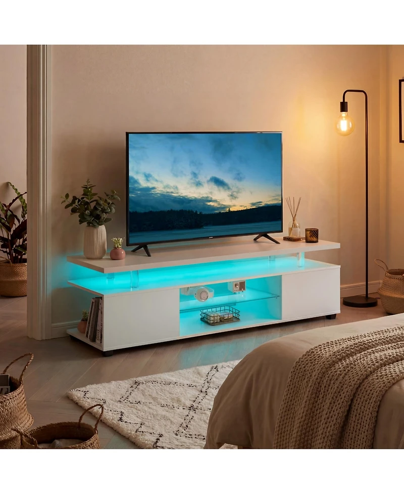 Rainsken Led Tv Stand for 60 Inch Tv, Media Console Table with Large Side Cabinet and Open Shelf, Entertainment Center for Living Room