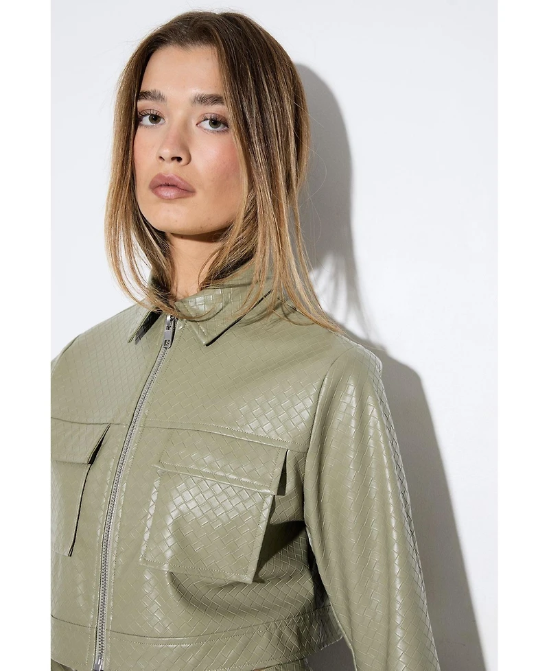 MissPap Women's Woven Detail Faux Leather Jacket