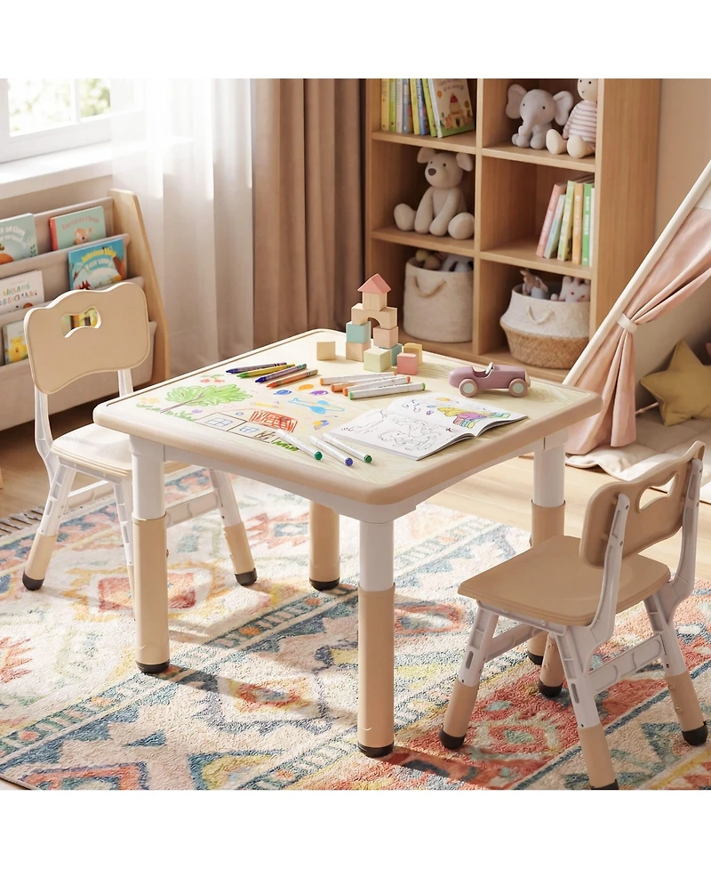 Kinder King Kids Height-Adjustable Table and 2 Chairs Set with 31.5''W Easy-Clean Top