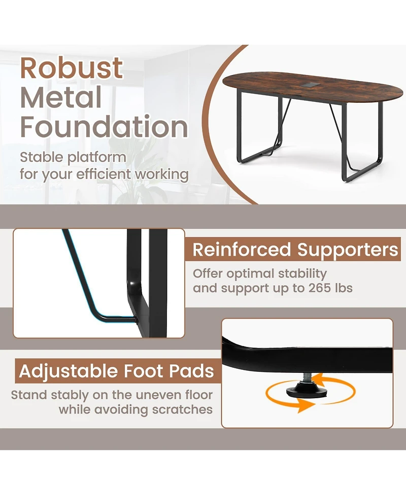 Sugift Executive Table Oval Home Office Table with Cable Management Hole-Rustic Brown