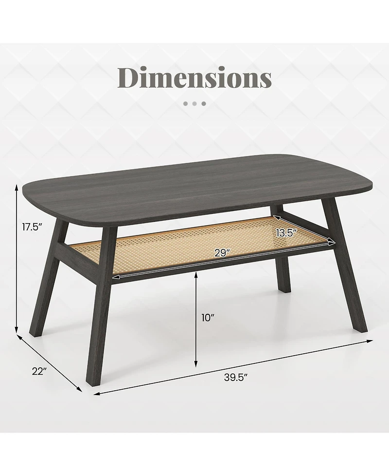 Sugift 2-Tier Rectangular Center Coffee Table with Rattan Storage Shelf and Rubber Wood Legs