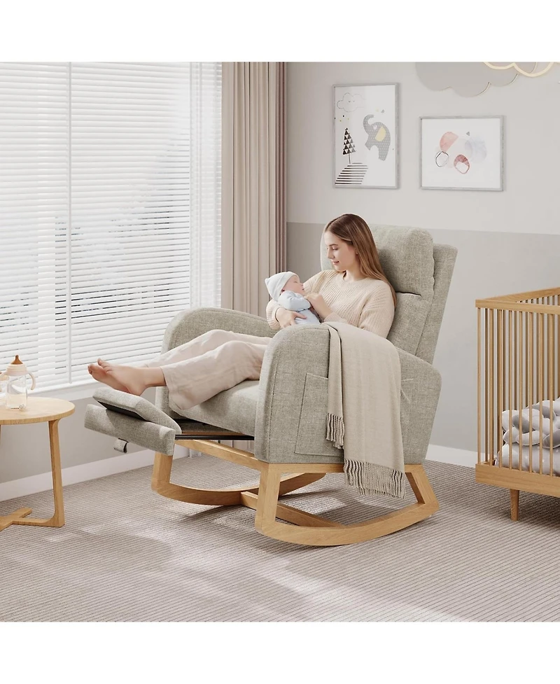 gaomon Linen Rocking Chair with Footrest, Modern Nursery Glider Chair with Side Pockets and Pillow, Rocker Chair for Living Room Bedroom Nursing Room