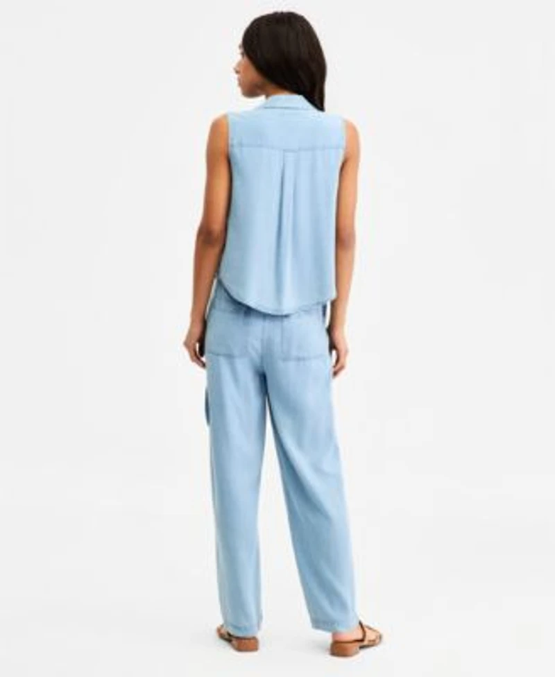 Tommy Hilfiger Womens Chambray Collared Sleeveless Shirt Tapered Pants