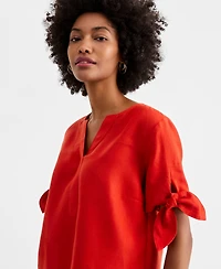 Charter Club Women's 100% Linen Split-Neck Tie-Cuff Top, Created for Macy's