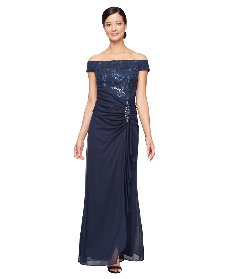 Alex Evenings Petite Off-The-Shoulder Short-Sleeve Ball Gown