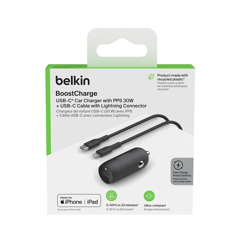 Belkin BoostCharge Usb-c Car Charger with Pps 30W and Usb-c to Usb-c Cable 1m/3.3ft