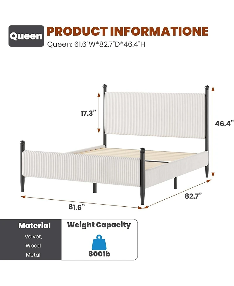 gaomon Queen Upholstered Bed Frame with Velvet Headboard, Corduroy Platform, Wood Slats Support