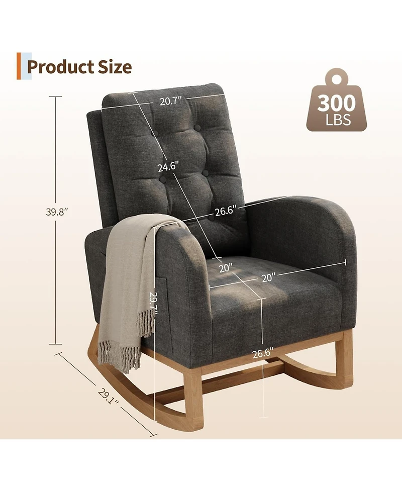 gaomon Nursery Rocking Chair,Linen Fabric Upholstery,Sturdy Wooden Legs and High Backrest,Comfortable Glider Rocking Chair for Living Room