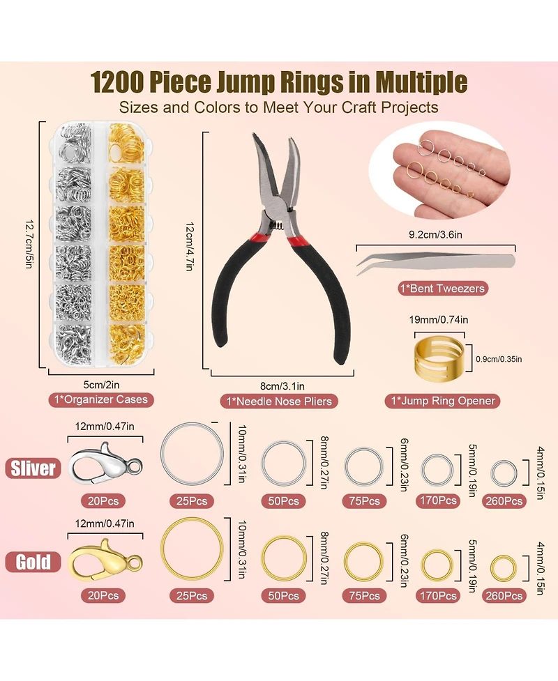 Gnuadz 1200pcs Jump Rings Necklace Repair Kit Tools Pliers Tweezers Lobster Clasps Crafts Key Chains