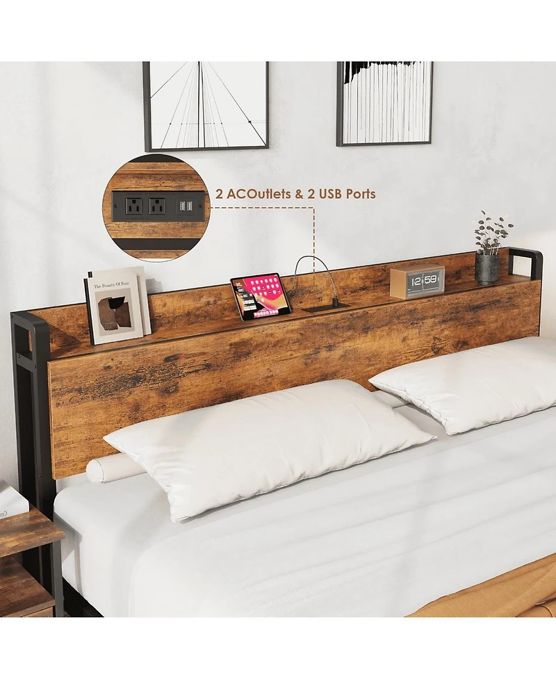 gaomon Metal Bed Frame with Charging Station, Wood Headboard and Footboard, Heavy-Duty Platform