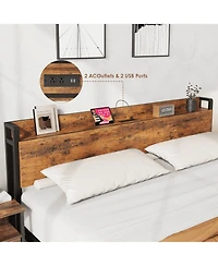 gaomon Metal Bed Frame with Charging Station, Wood Headboard and Footboard, Heavy-Duty Platform