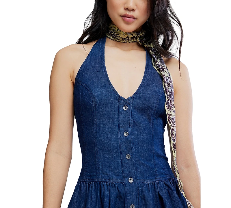 Free People Women's Clean Break V-Neck Denim Cotton Mini Dress