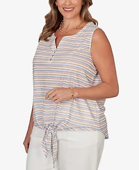 Hearts Of Palm Plus Striped Slub Sleeveless Henley Tie Front Top